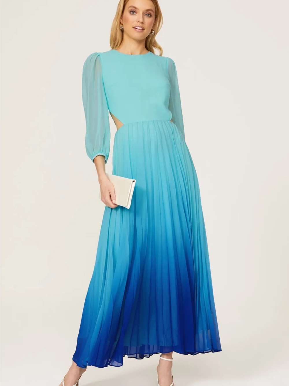 RACHEL Rachel Roy Aqua-to-Royal Blue Ombre Pleated Long-Sleeve Maxi Dress